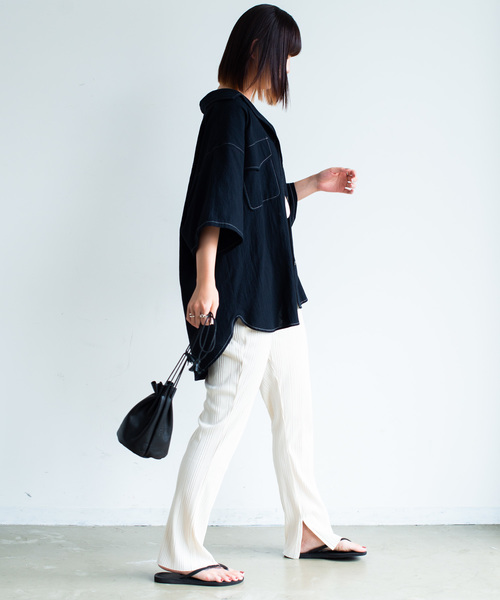 Aunt Marie's(アントマリーズ)の「AUNT MARIE'S ベルト付き開襟半袖シャツ(シャツ/ブラウス・レディース・ブラック/ベージュ/カーキ・FREE)」の15枚目の写真