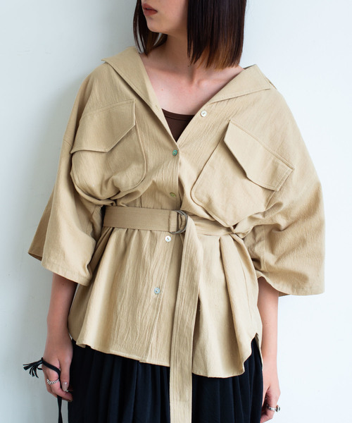 Aunt Marie's(アントマリーズ)の「AUNT MARIE'S ベルト付き開襟半袖シャツ(シャツ/ブラウス・レディース・ブラック/ベージュ/カーキ・FREE)」の20枚目の写真