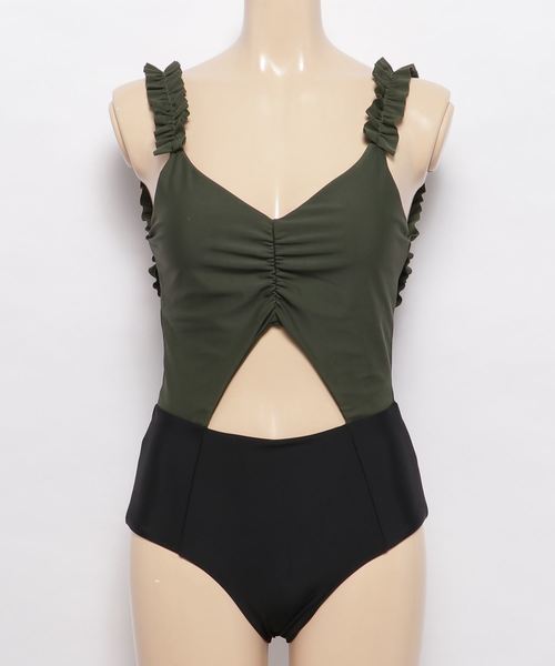 フリルフロント バイカラー ギャザーワンピース水着 5052405 レースレディース Lace Ladies フリルショルダー フロント