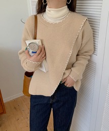 配色ステッチカシュクールニットプルオーバー