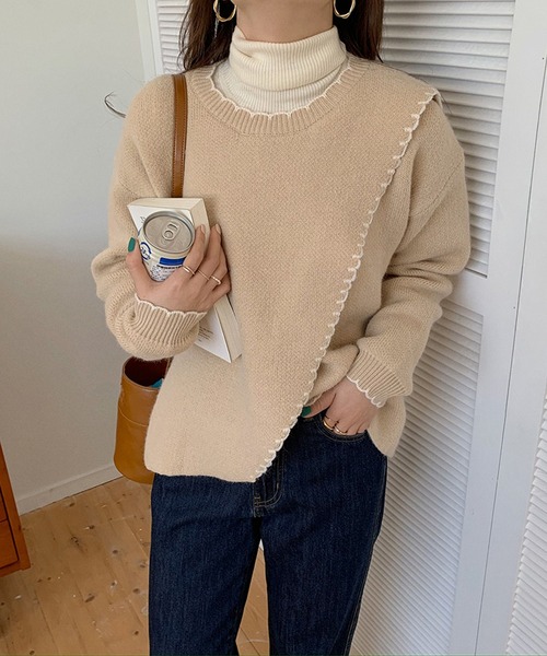 Jewelobe(ジュエローブ)の「配色ステッチカシュクールニットプルオーバー(ニット/セーター・レディース・ベージュ/ブラウン/アイボリー・FREE)」の3枚目の写真