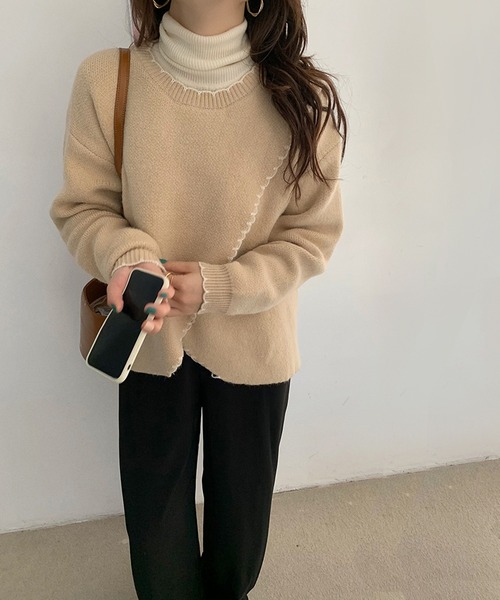 Jewelobe(ジュエローブ)の「配色ステッチカシュクールニットプルオーバー(ニット/セーター・レディース・ベージュ/ブラウン/アイボリー・FREE)」の11枚目の写真