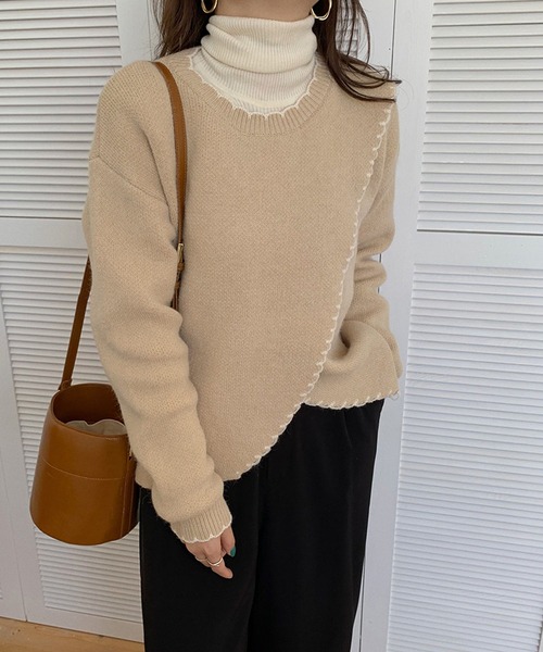 Jewelobe(ジュエローブ)の「配色ステッチカシュクールニットプルオーバー(ニット/セーター・レディース・ベージュ/ブラウン/アイボリー・FREE)」の12枚目の写真