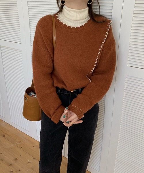 Jewelobe(ジュエローブ)の「配色ステッチカシュクールニットプルオーバー(ニット/セーター・レディース・ベージュ/ブラウン/アイボリー・FREE)」の20枚目の写真