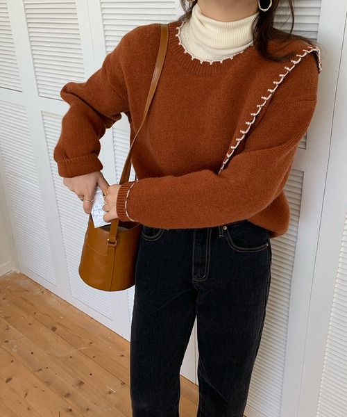 Jewelobe(ジュエローブ)の「配色ステッチカシュクールニットプルオーバー(ニット/セーター・レディース・ベージュ/ブラウン/アイボリー・FREE)」の6枚目の写真
