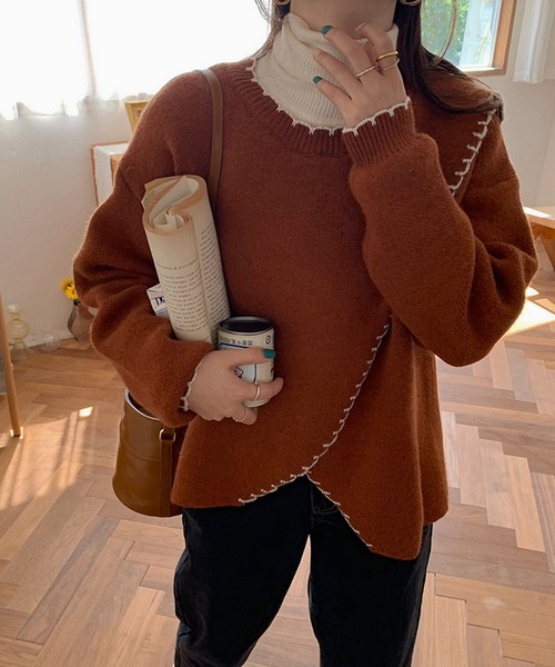 Jewelobe(ジュエローブ)の「配色ステッチカシュクールニットプルオーバー(ニット/セーター・レディース・ベージュ/ブラウン/アイボリー・FREE)」の21枚目の写真