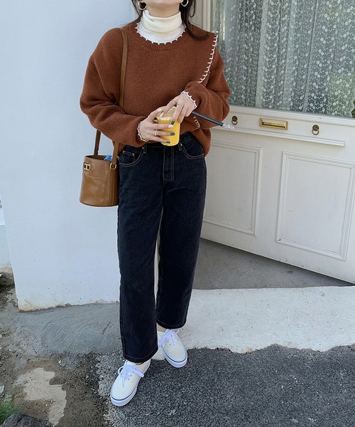 Jewelobe(ジュエローブ)の「配色ステッチカシュクールニットプルオーバー(ニット/セーター・レディース・ベージュ/ブラウン/アイボリー・FREE)」の7枚目の写真