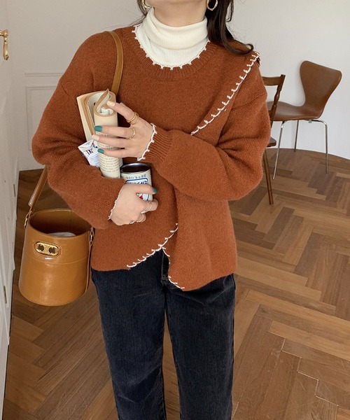 Jewelobe(ジュエローブ)の「配色ステッチカシュクールニットプルオーバー(ニット/セーター・レディース・ベージュ/ブラウン/アイボリー・FREE)」の15枚目の写真