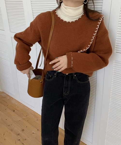 Jewelobe(ジュエローブ)の「配色ステッチカシュクールニットプルオーバー(ニット/セーター・レディース・ベージュ/ブラウン/アイボリー・FREE)」の22枚目の写真