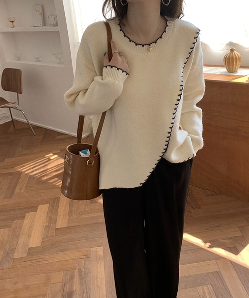 Jewelobe(ジュエローブ)の「配色ステッチカシュクールニットプルオーバー(ニット/セーター・レディース・ベージュ/ブラウン/アイボリー・FREE)」の16枚目の写真