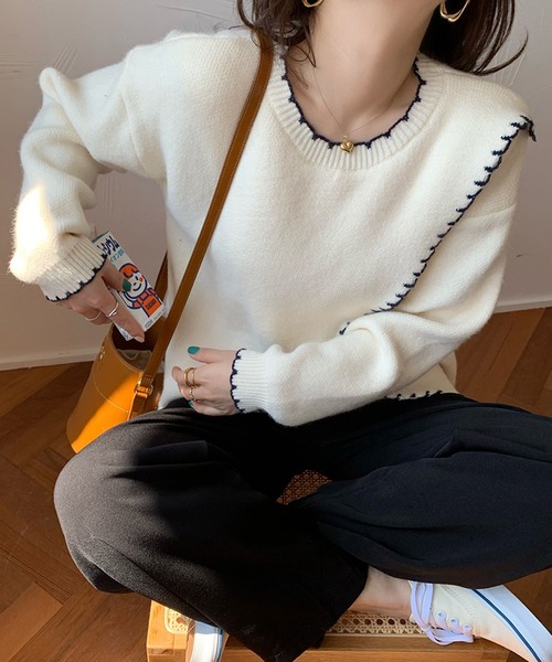 Jewelobe(ジュエローブ)の「配色ステッチカシュクールニットプルオーバー(ニット/セーター・レディース・ベージュ/ブラウン/アイボリー・FREE)」の9枚目の写真