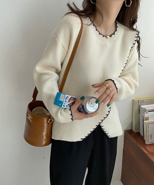 Jewelobe(ジュエローブ)の「配色ステッチカシュクールニットプルオーバー(ニット/セーター・レディース・ベージュ/ブラウン/アイボリー・FREE)」の17枚目の写真