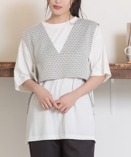 Mysa&Liina（ミーサリーナ）の「ジャガードビスチェＴシャツセット（Tシャツ/カットソー・レディース・ブラック/アイボリー/ラベンダー・M）」の2枚目の写真