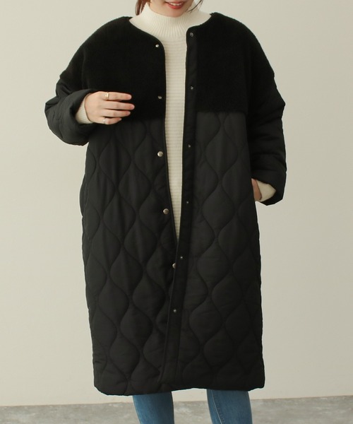Social GIRL（ソーシャルガール）の「ボア切替キルティングコート（ノーカラーコート・レディース・ブラック/カーキ/キャメル/グレイッシュベージュ・M/S/L）」の2枚目の写真