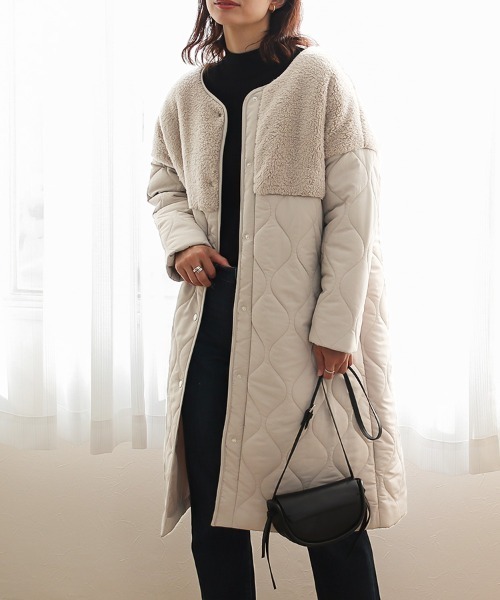 Social GIRL（ソーシャルガール）の「ボア切替キルティングコート（ノーカラーコート・レディース・ブラック/カーキ/キャメル/グレイッシュベージュ・M/S/L）」の6枚目の写真