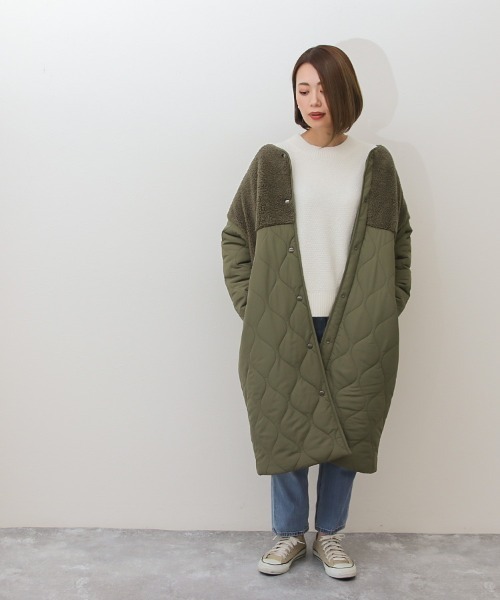Social GIRL（ソーシャルガール）の「ボア切替キルティングコート（ノーカラーコート・レディース・ブラック/カーキ/キャメル/グレイッシュベージュ・M/S/L）」の5枚目の写真