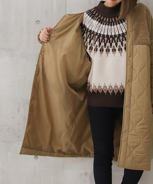 Social GIRL（ソーシャルガール）の「ボア切替キルティングコート（ノーカラーコート・レディース・ブラック/カーキ/キャメル/グレイッシュベージュ・M/S/L）」の12枚目の写真