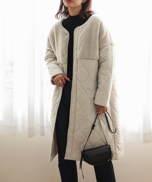 Social GIRL（ソーシャルガール）の「ボア切替キルティングコート（ノーカラーコート・レディース・ブラック/カーキ/キャメル/グレイッシュベージュ・M/S/L）」の17枚目の写真