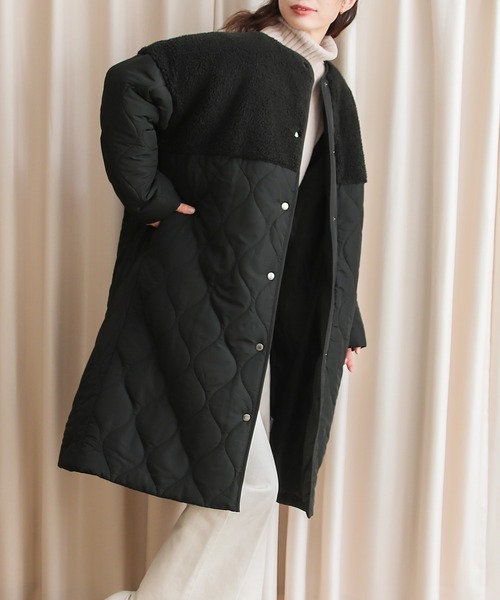 Social GIRL（ソーシャルガール）の「ボア切替キルティングコート（ノーカラーコート・レディース・ブラック/カーキ/キャメル/グレイッシュベージュ・M/S/L）」の15枚目の写真