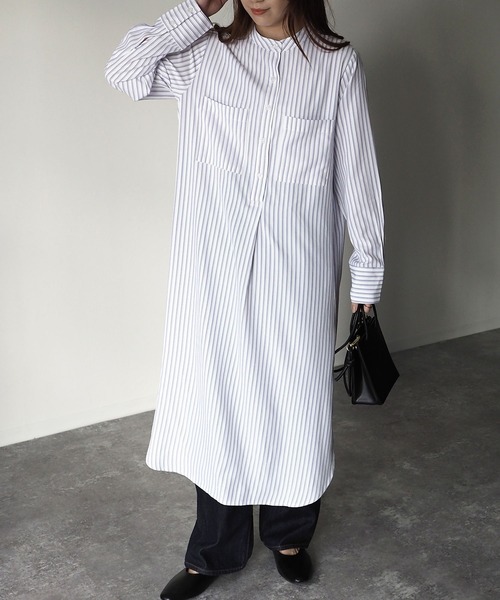 Riberry（リベリー）の「タックストライプシャツワンピース（シャツワンピース・レディース・グレー/ラベンダー・MEDIUM）」の8枚目の写真