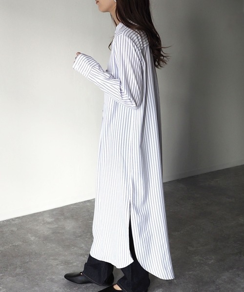 Riberry（リベリー）の「タックストライプシャツワンピース（シャツワンピース・レディース・グレー/ラベンダー・MEDIUM）」の10枚目の写真