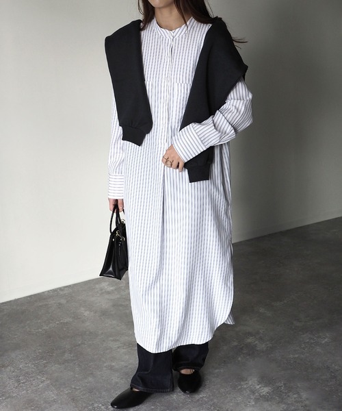 Riberry（リベリー）の「タックストライプシャツワンピース（シャツワンピース・レディース・グレー/ラベンダー・MEDIUM）」の15枚目の写真