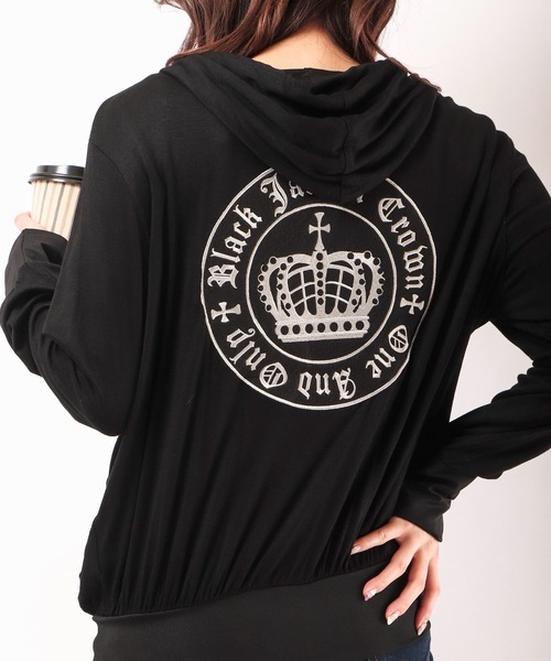パーカー BLACK JACKALL CROWN レーヨン天竺 ロゴ刺繍アップリケ ZIPパーカー レディース セール】BLACK JACKALL CROWN レーヨン天竺 ロゴ刺繍アップリケ