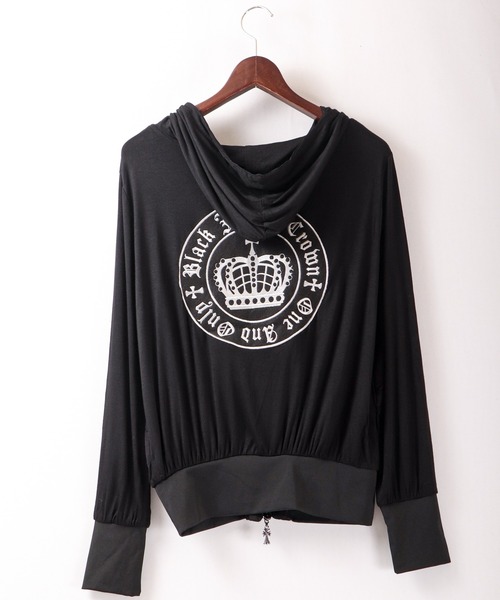パーカー BLACK JACKALL CROWN レーヨン天竺 ロゴ刺繍アップリケ ZIPパーカー レディース セール】BLACK JACKALL CROWN レーヨン天竺 ロゴ刺繍アップリケ