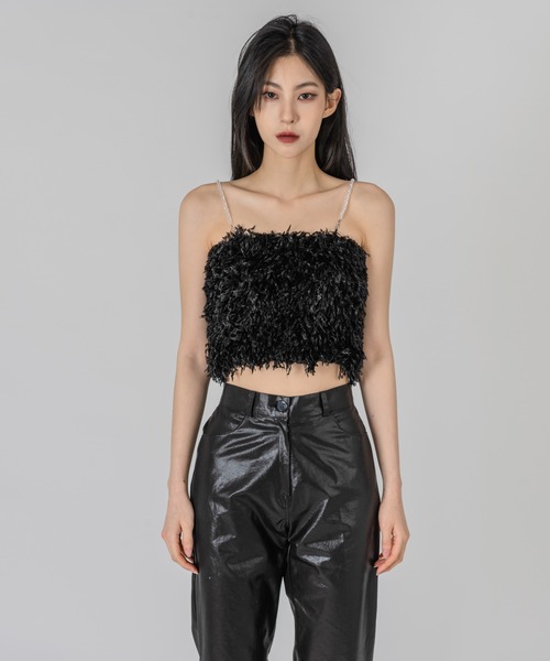 FOLLOWIN（フォロウィン）の「肩紐ビーズチェーンフェイクファーブラトップ（キャミソール・レディース・ホワイト/ブラック/ピンク・FREE）」の14枚目の写真
