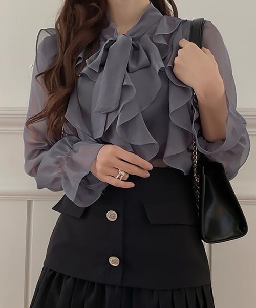 Ulysses（ユリシス）の「フリルリボンシアーブラウス（シャツ/ブラウス・レディース・ホワイト/グレー/ブラック/ブルー/ピンク・S/M/L）」の4枚目の写真