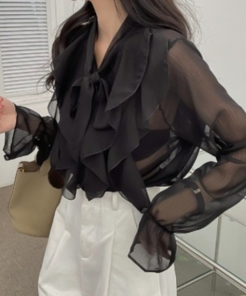 Ulysses（ユリシス）の「フリルリボンシアーブラウス（シャツ/ブラウス・レディース・ホワイト/グレー/ブラック/ブルー/ピンク・S/M/L）」の3枚目の写真