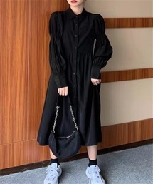 ウエスト 袖ギャザーシャツワンピース