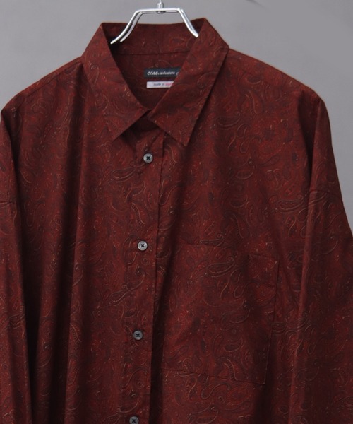 古着　総柄シャツ　えんじ色　ペイズリー　薄手　コットン　L 太アーム. XL 赤 レッド 小花柄 アンティークデザイン ペイズリー柄 柄