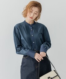 【洗える】コットンシルクローン バンドカラー ブラウス