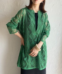 クロシェ編み風カットワークレースロング丈深Vネックチュニックブラウス