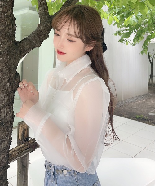 Rmine（アールマイン）の「インナー付きシアーシャツ（シャツ/ブラウス・レディース・ピンク/アイボリー・FREE）」の3枚目の写真