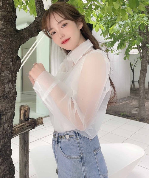 Rmine（アールマイン）の「インナー付きシアーシャツ（シャツ/ブラウス・レディース・ピンク/アイボリー・FREE）」の4枚目の写真