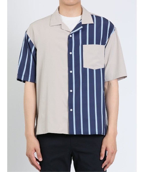 m.f.editorial（エムエフエディトリアル）の「m.f.エディトリアル メンズ ストライプ柄 オープンカラー半袖シャツ（シャツ/ブラウス・メンズ・ベージュ/ネイビー/ホワイト・MEDIUM/LARGE）」の9枚目の写真