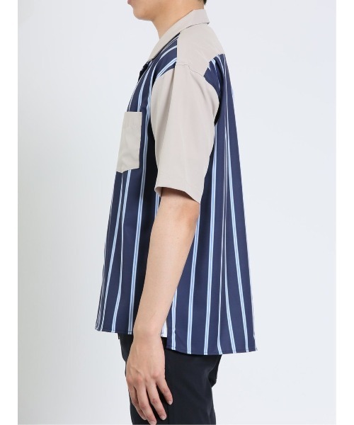 m.f.editorial（エムエフエディトリアル）の「m.f.エディトリアル メンズ ストライプ柄 オープンカラー半袖シャツ（シャツ/ブラウス・メンズ・ベージュ/ネイビー/ホワイト・MEDIUM/LARGE）」の6枚目の写真