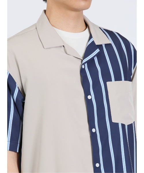 m.f.editorial（エムエフエディトリアル）の「m.f.エディトリアル メンズ ストライプ柄 オープンカラー半袖シャツ（シャツ/ブラウス・メンズ・ベージュ/ネイビー/ホワイト・MEDIUM/LARGE）」の19枚目の写真