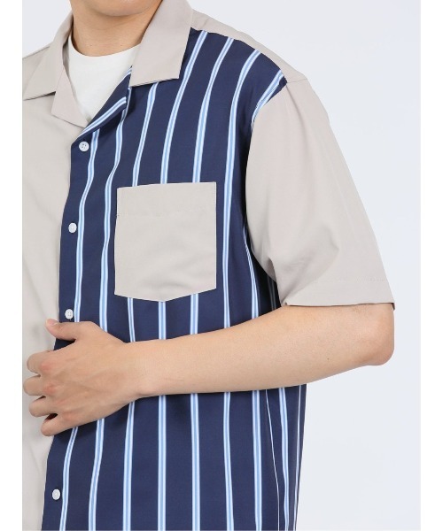 m.f.editorial（エムエフエディトリアル）の「m.f.エディトリアル メンズ ストライプ柄 オープンカラー半袖シャツ（シャツ/ブラウス・メンズ・ベージュ/ネイビー/ホワイト・MEDIUM/LARGE）」の14枚目の写真