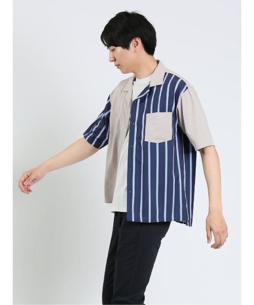 m.f.editorial（エムエフエディトリアル）の「m.f.エディトリアル メンズ ストライプ柄 オープンカラー半袖シャツ（シャツ/ブラウス・メンズ・ベージュ/ネイビー/ホワイト・MEDIUM/LARGE）」の21枚目の写真