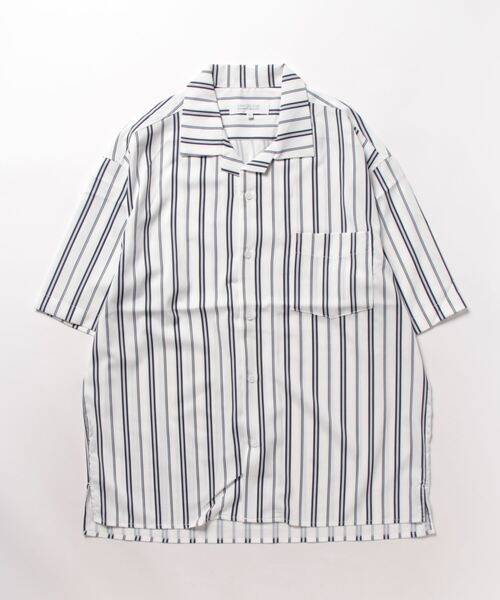 m.f.editorial（エムエフエディトリアル）の「m.f.エディトリアル メンズ ストライプ柄 オープンカラー半袖シャツ（シャツ/ブラウス・メンズ・ベージュ/ネイビー/ホワイト・MEDIUM/LARGE）」の4枚目の写真