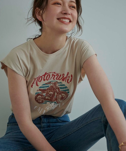 fifth（フィフス）の「フレンチスリーブプリントTシャツ（Tシャツ/カットソー・レディース・ベージュ/ホワイト/チャコールグレー・M）」の7枚目の写真