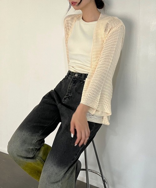 Jewelobe（ジュエローブ）の「フレアスリーブ透かし編みミディカーディガン（カーディガン/ボレロ・レディース・ブラウン/ベージュ/モカ・FREE）」の5枚目の写真