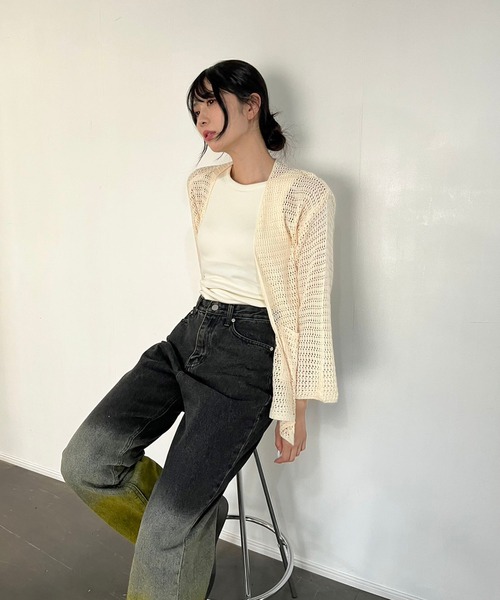 Jewelobe（ジュエローブ）の「フレアスリーブ透かし編みミディカーディガン（カーディガン/ボレロ・レディース・ブラウン/ベージュ/モカ・FREE）」の7枚目の写真