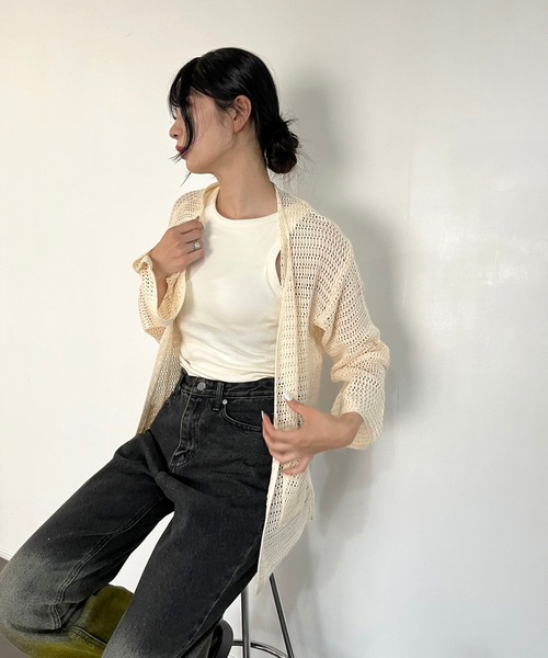 Jewelobe（ジュエローブ）の「フレアスリーブ透かし編みミディカーディガン（カーディガン/ボレロ・レディース・ブラウン/ベージュ/モカ・FREE）」の8枚目の写真