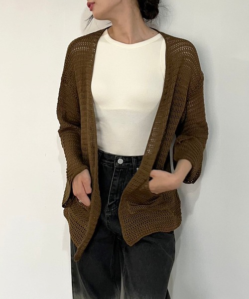 Jewelobe（ジュエローブ）の「フレアスリーブ透かし編みミディカーディガン（カーディガン/ボレロ・レディース・ブラウン/ベージュ/モカ・FREE）」の14枚目の写真