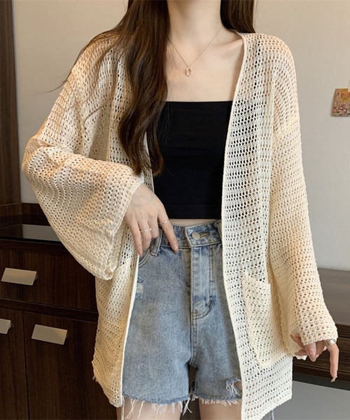 Jewelobe（ジュエローブ）の「フレアスリーブ透かし編みミディカーディガン（カーディガン/ボレロ・レディース・ブラウン/ベージュ/モカ・FREE）」の9枚目の写真
