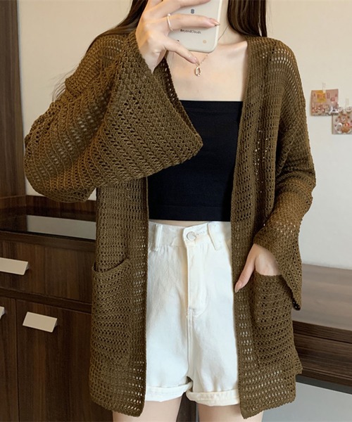 Jewelobe（ジュエローブ）の「フレアスリーブ透かし編みミディカーディガン（カーディガン/ボレロ・レディース・ブラウン/ベージュ/モカ・FREE）」の15枚目の写真